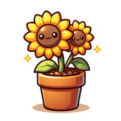 two sunflowers in a flower pot with faces drawn on the top and bottom