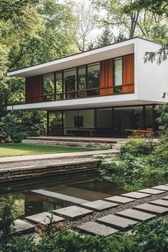 the modern house is surrounded by trees and water