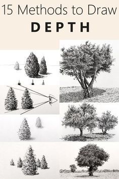 an image of trees and bushes drawn in pencil with the title 15 method to draw depth