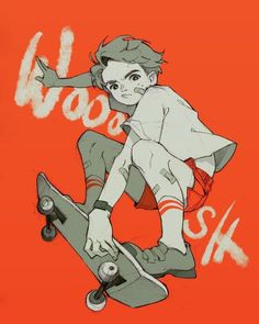 a drawing of a boy on a skateboard with the word wooooh above him