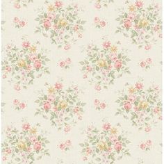 an old fashioned wallpaper with pink and yellow flowers on white background, including green leaves