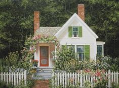 a painting of a white house with green shutters on the front and red door