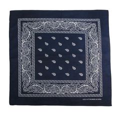 a black bandanna with white paisley on it