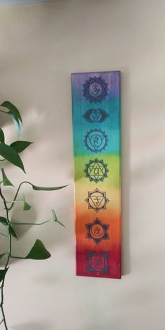 the seven chakras are painted on a rainbow colored canvas next to a potted plant