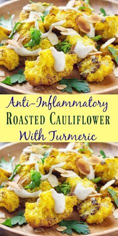 two pictures of roasted cauliflower with tumerice