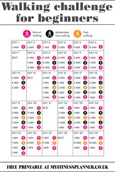 the printable walking challenge for beginners is shown in pink, orange and black