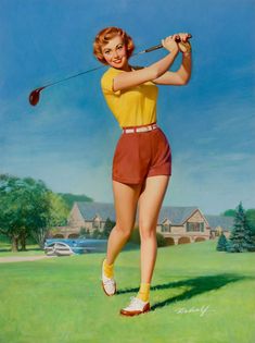 a painting of a woman swinging a golf club