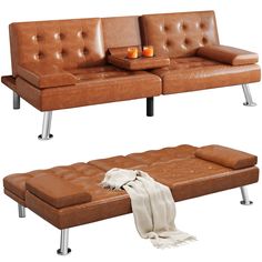 two brown leather couches sitting next to each other with candles on the end tables