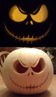 two pumpkins with faces carved into them