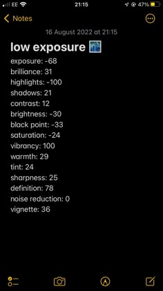 photo editing to make the photo have less exposure, like the TikTok filter Apple Photo Editing Settings, Low Exposure Settings, How To Get Good Quality Photos, Camera Quality Settings, Gym Photo Editing, Low Exposure Edit Iphone, Nostalgia Filter, Low Exposure Filter, Photo Exposure