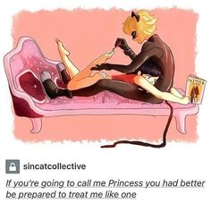 a woman sitting on top of a pink couch next to a cat