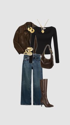 Modern Boho Fall Outfits, Black And Brown Fall Outfits, Outfit Ideas Brown Boots, Brown Asthetics Outfit, Espresso Girl Outfit, Brown Black And White Outfit, Brown Boots Black Jeans, Dark Brown Color Combinations Outfits, What To Wear With Brown Boots