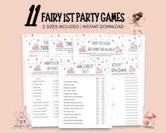 the printable fairy birthday party games are on display in front of a pink background