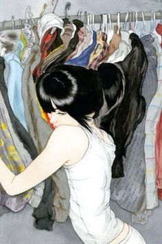 a painting of a woman looking at clothes on hangers in front of her,