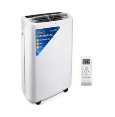 a white portable air conditioner next to a remote control unit on a white background