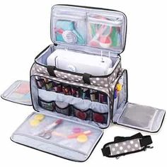 an open makeup bag with various items in it