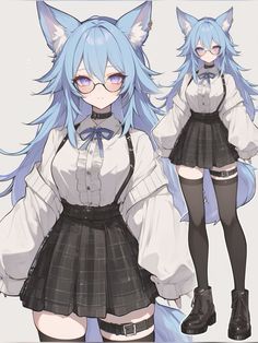 an anime character with blue hair and cat ears, wearing a white shirt and black skirt