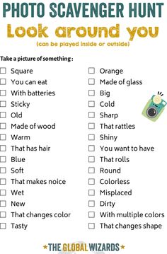 a printable photo scavenger hunt with the words,'look around you '