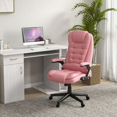 a pink office chair sitting in front of a desk with a computer monitor on it