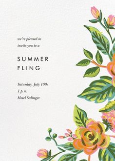 a floral design on the front of a white card reads, we're pleased to provide you to a summer fling