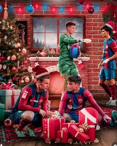 a group of men sitting next to each other in front of a christmas tree with presents