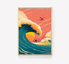 a painting of a surfer riding a wave in the ocean with an orange sky and seagull flying above