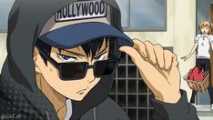 an anime character wearing sunglasses and a cap with the word hollywood on it's forehead