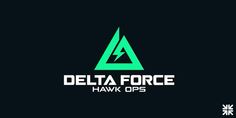 the delta force hawk logo is shown in green and white on a dark black background