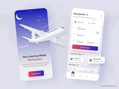 two mobile phones with an airplane on the screen next to each other, both displaying information about travel