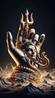 an image of a hand that is in the air with a gold statue on it