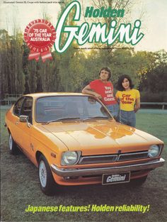 an old magazine cover with two people standing next to a car