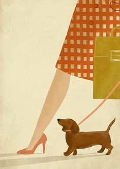 a woman walking a brown dog on a leash with a handbag in her other hand