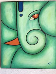 an elephant's face is painted in bright green and orange colors on a white wall