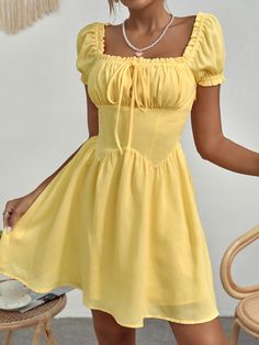 Yellow Casual Collar Short Sleeve Polyester Plain A Line Embellished Non-Stretch  Women Dresses Light Yellow Dresses, Cottage Core Dresses, Yellow Clothes, Black Halloween Dress, Cute Short Dresses