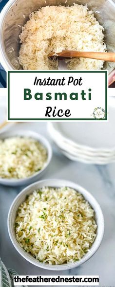 instant pot basmat rice in white bowls with chopsticks on the side and text overlay that reads instant pot basmat rice