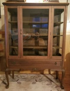 an old wooden china cabinet with glass doors on the front and bottom shelves, in a living room