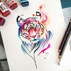 a drawing of a tiger with watercolors on it