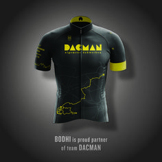 a black and yellow cycling jersey with the words bodd is proud partner of team dacman