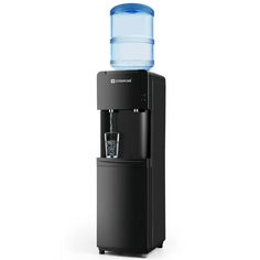 the water dispenser is black and has a blue bottle on top of it