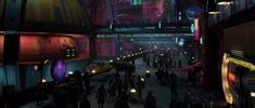 an image of a sci - fi city at night with people walking through the streets