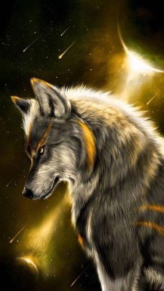 a painting of a wolf staring at the stars