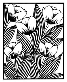 black and white drawing of flowers in a square frame with stripes on the bottom side