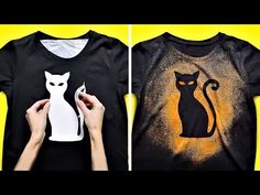 two t - shirts with black and white cats on them, one is being cut out