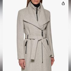 Nwot - Never Worn Calvin Klein Light Grey Size Small Long Sleeve Angled Twill Fabric Wing Coat *Feel Free To Ask Any Questions. Firm Price* Belted Wrap Coat, Wool Jackets Women, Wing Collar, Chic Coat, Wrap Coat, Collared Coat, Belted Coat, Calvin Klein Women, Calvin Klein Woman