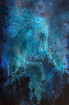 an abstract painting of a horse with blue hair