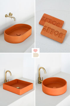 four different pictures of an orange sink