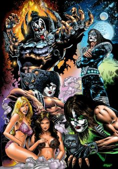 an image of the cover to kiss band's album, featuring two women and one man