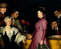 a painting of people standing around and sitting