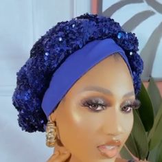 Beautiful African Women Turban Cap Party Turban Hat, Adjustable Blue Turban For Party, Adjustable Blue Headwrap, Elegant Adjustable Blue Headwrap, Elegant Blue Headscarf, One Size Party Headwrap Hat, Blue Turban For Party, Women Turban, Gambler Hat