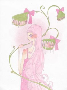 a drawing of a woman with long pink hair and green lamps hanging from her head